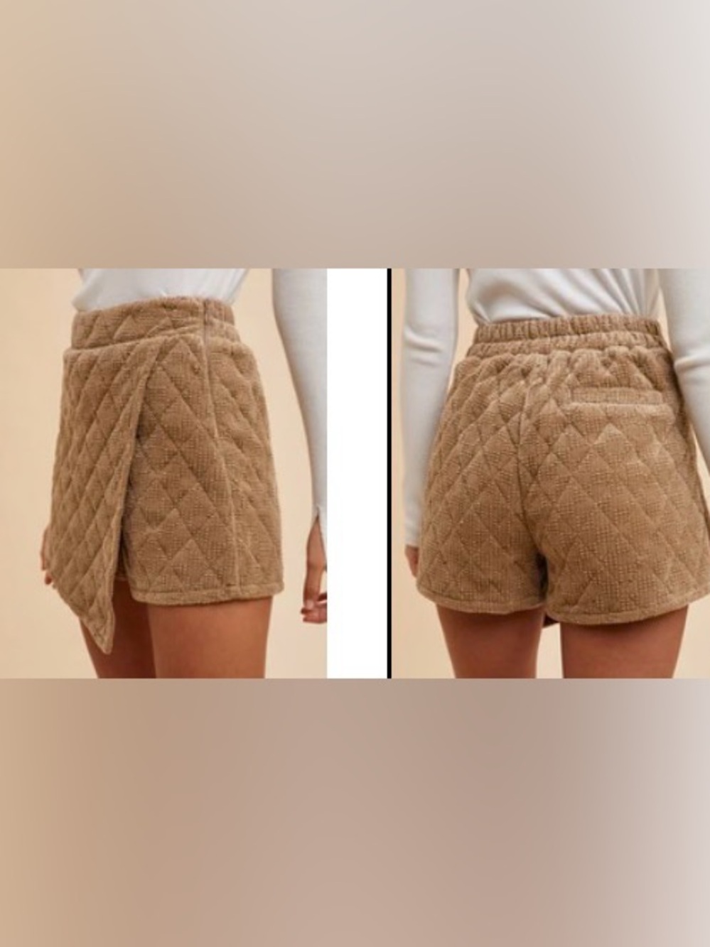 Anniewear Quilted Velvet Wrap Skort in Taupe Neutral Mini Shorts Skirt Size S